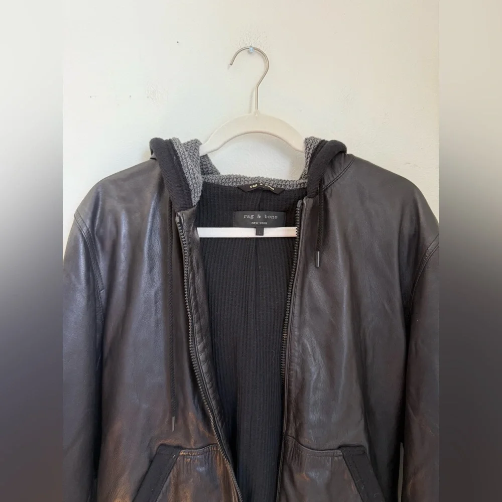 Rag & Bone Men's Hooded Lamb Leather Jacket Size Large BLACK - Picture 2 of 6